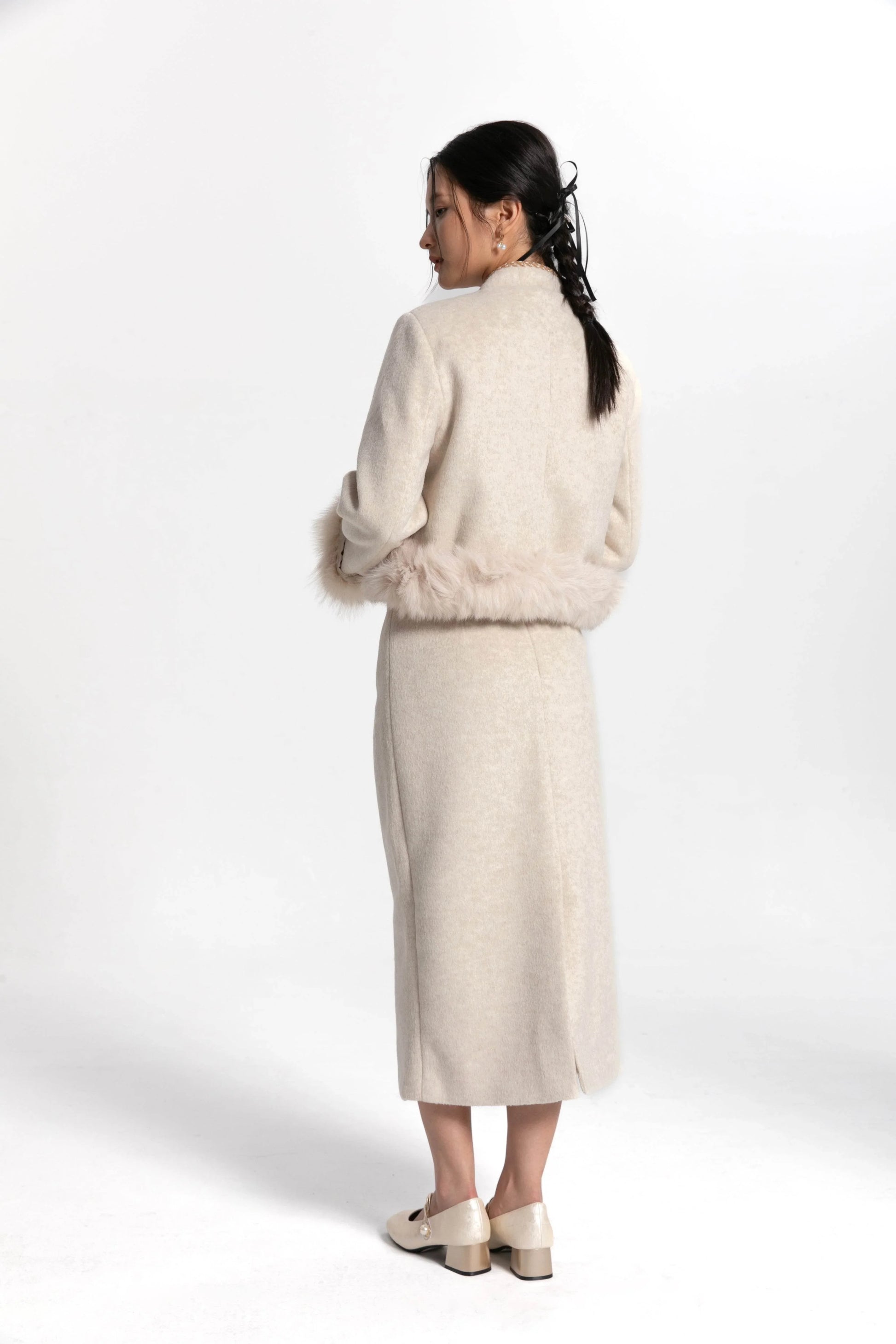 Fur Trimmed Cream Tang Suit - Kate Yang