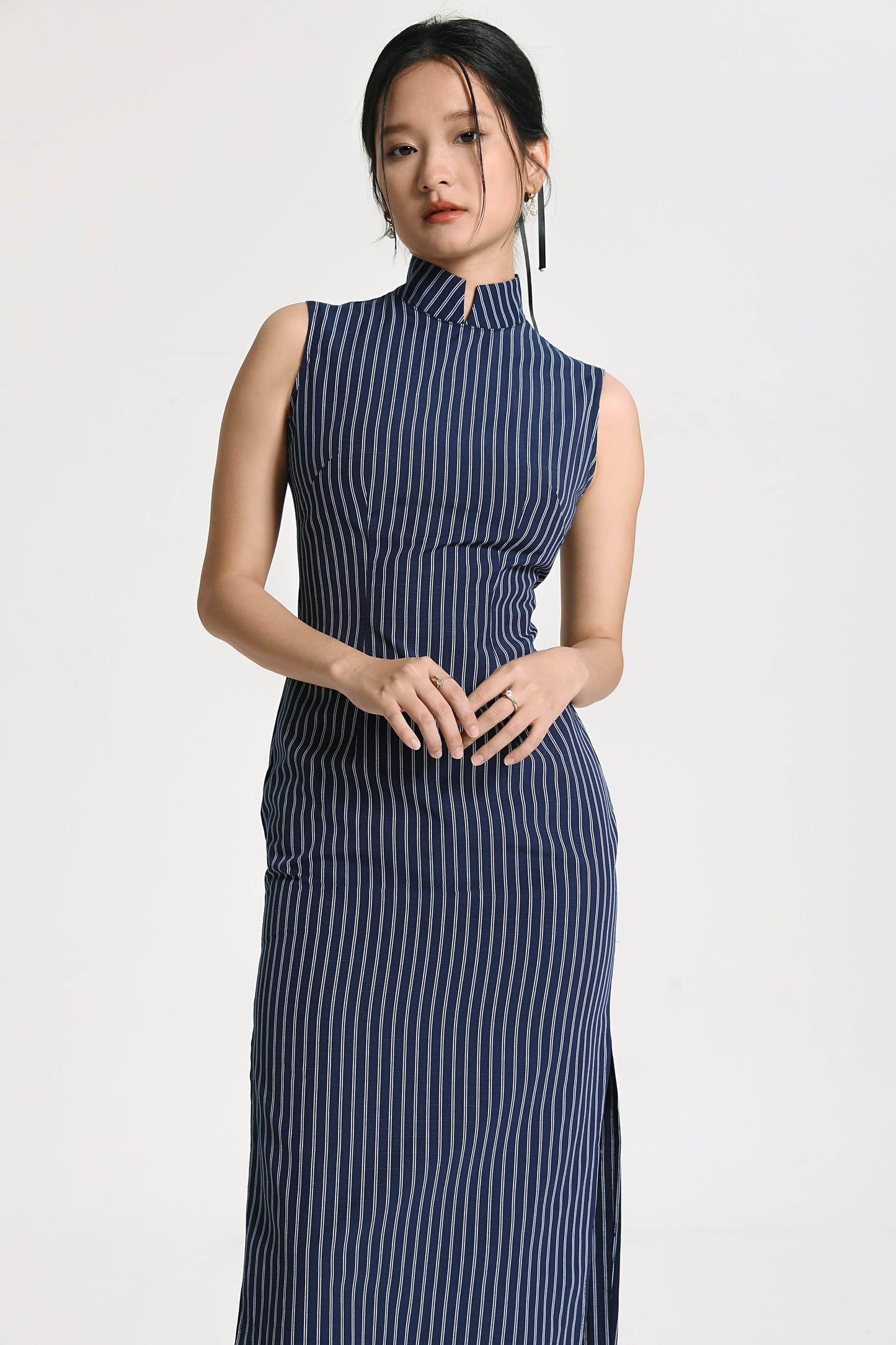 Long Blue Striped Qipao / Cheongsam Dress - Kate Yang