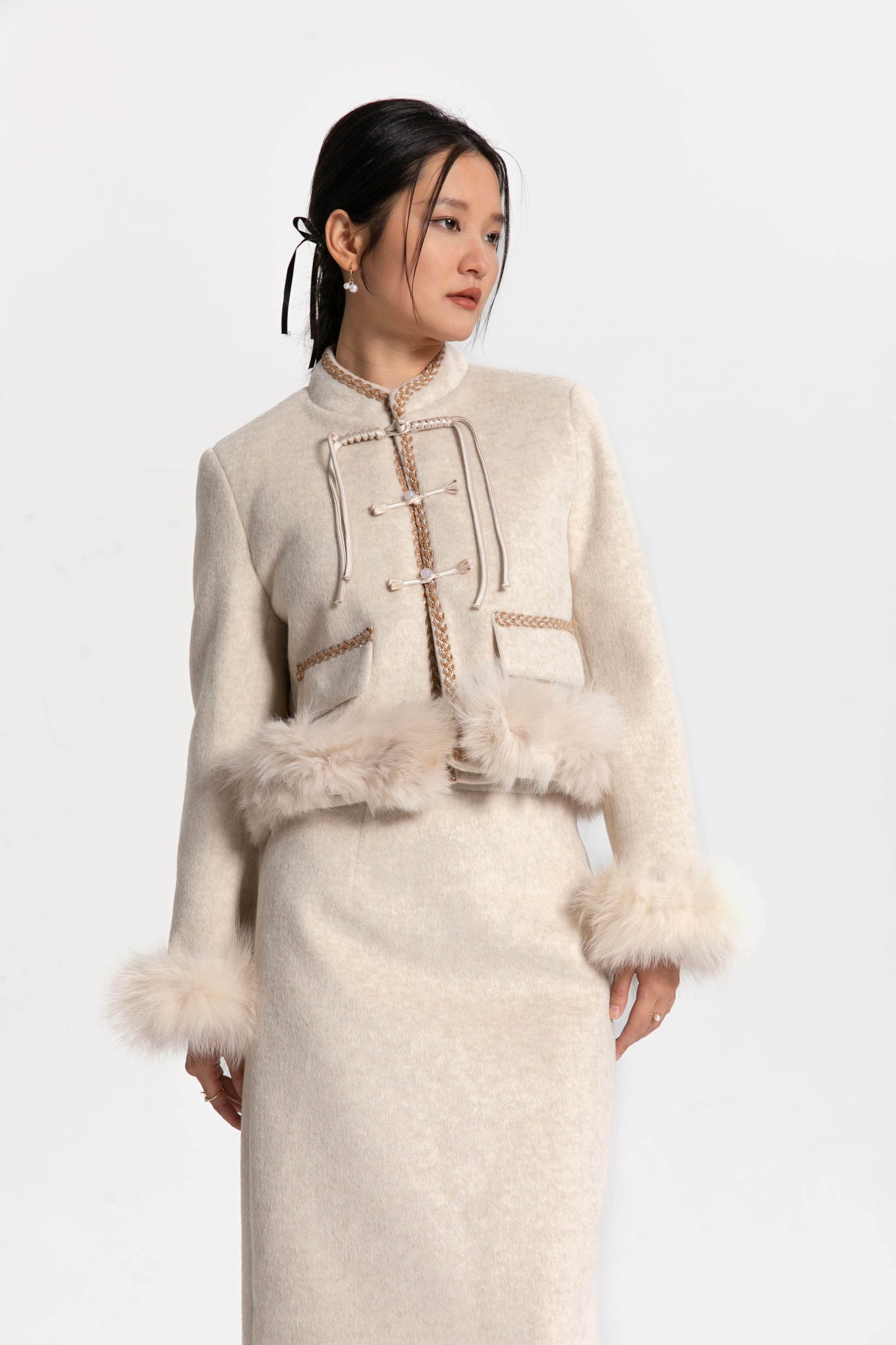 Fur Trimmed Cream Tang Suit - Kate Yang