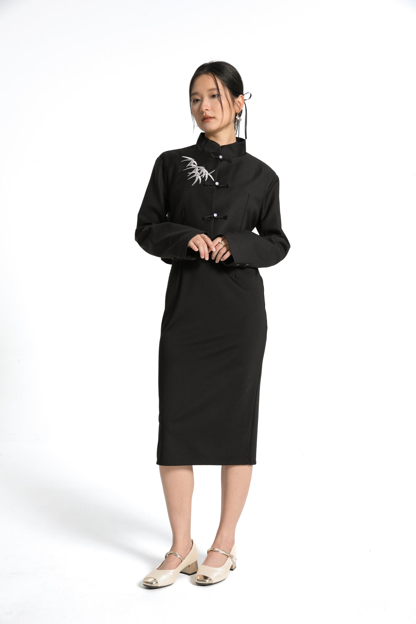 Bamboo Embroidered Cheongsam / Qipao Dress with Matching Jacket