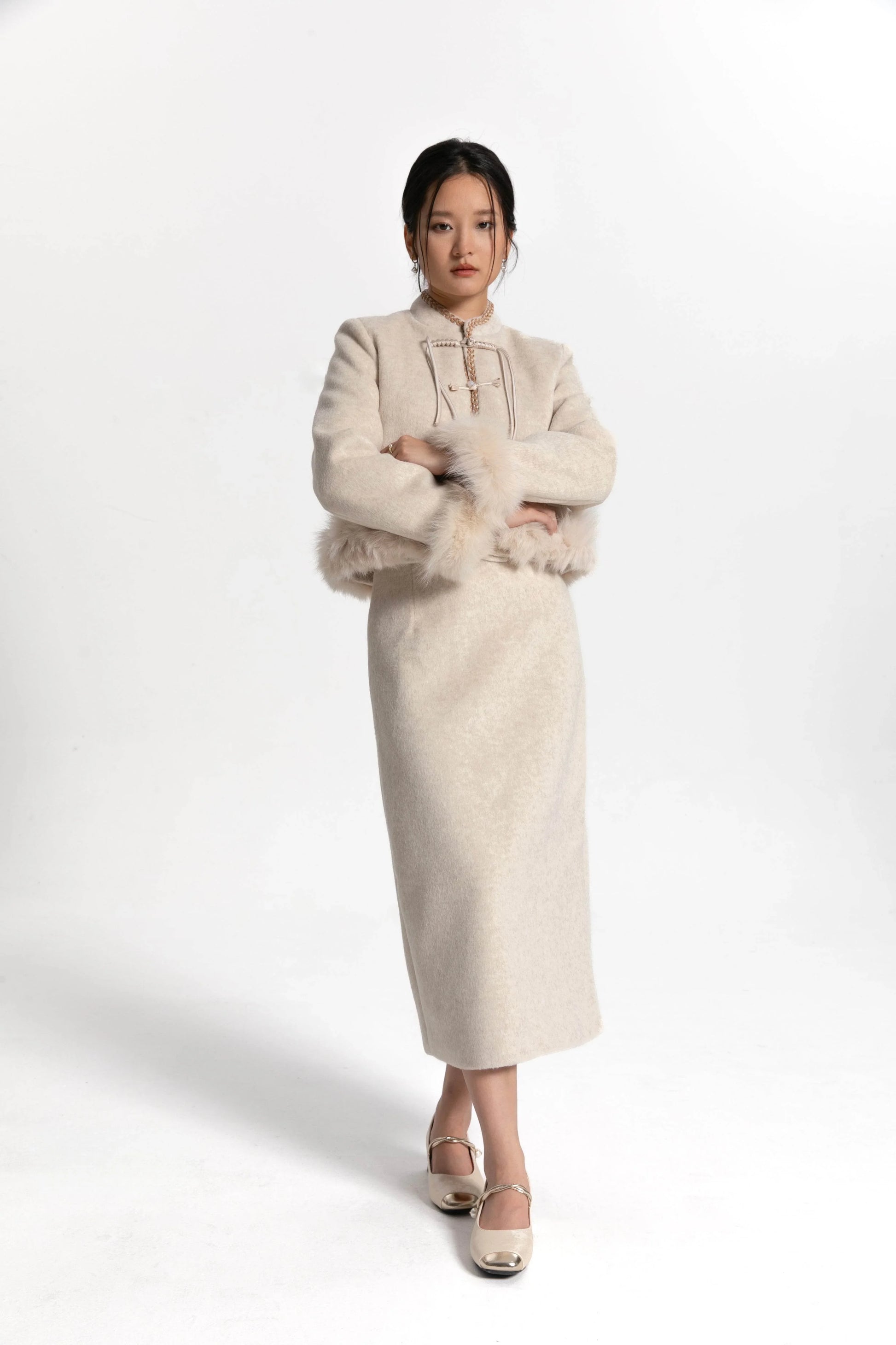 Fur Trimmed Cream Tang Suit - Kate Yang