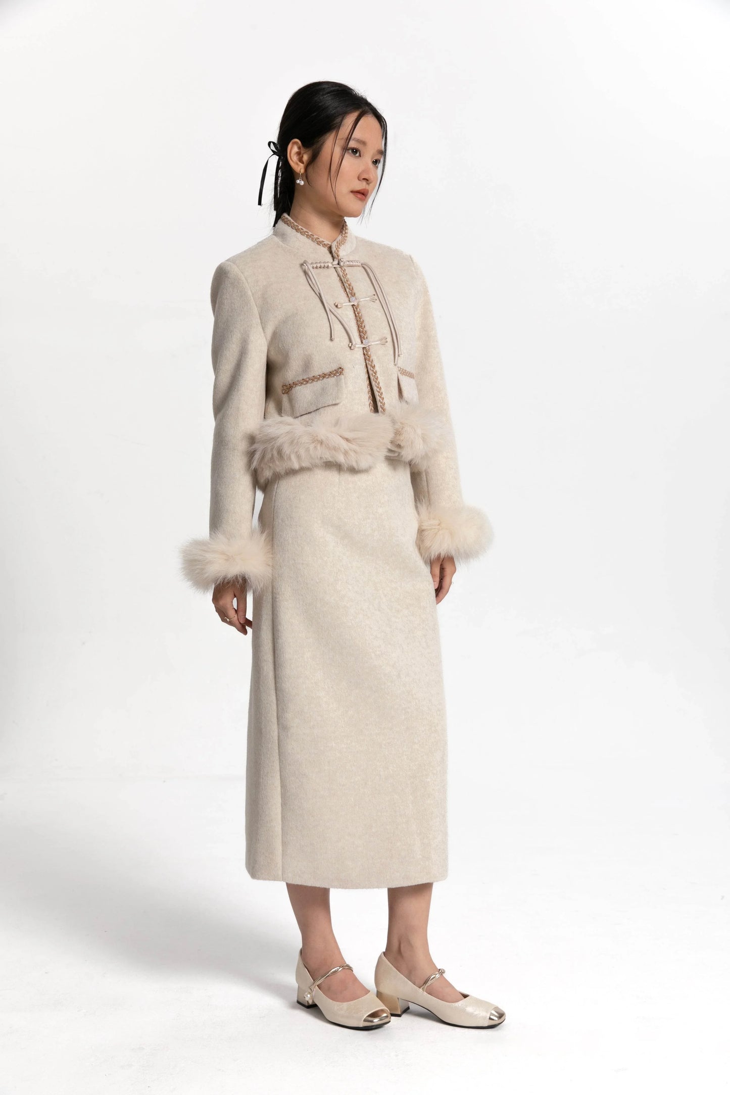 Fur Trimmed Cream Tang Suit - Kate Yang