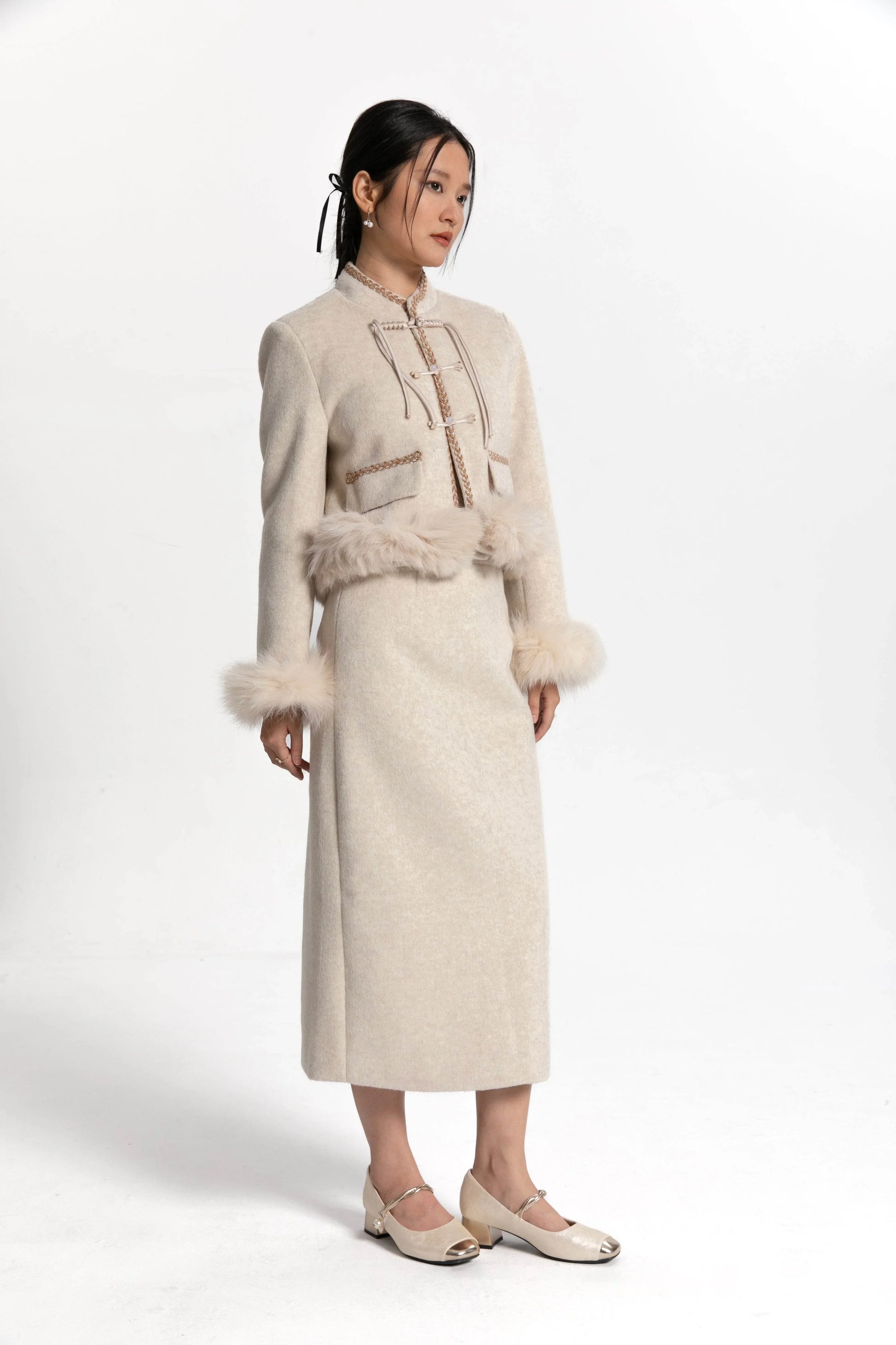 Fur Trimmed Cream Tang Suit - Kate Yang