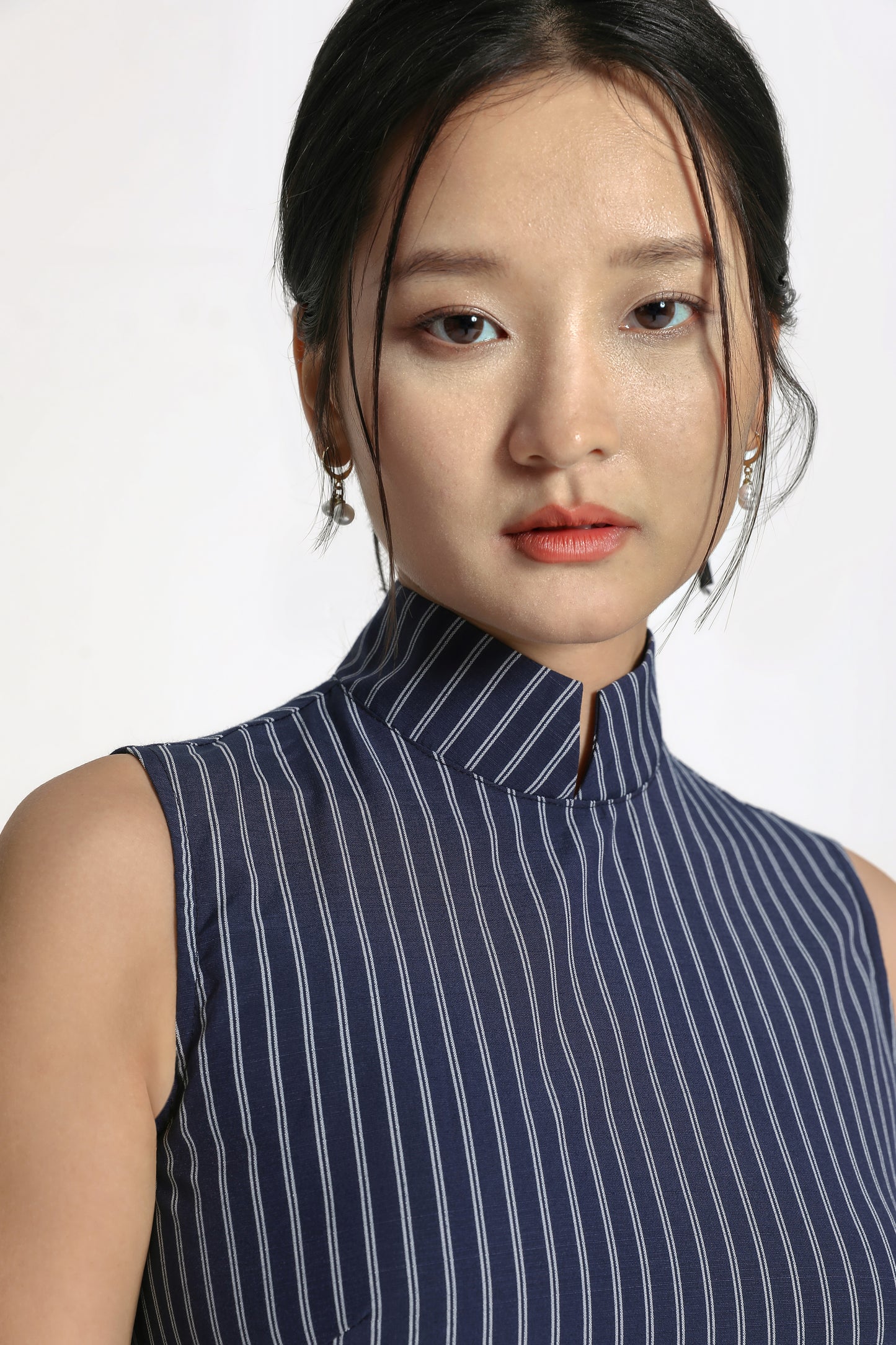 Blue Striped Long Cheongsam / Qipao Dress
