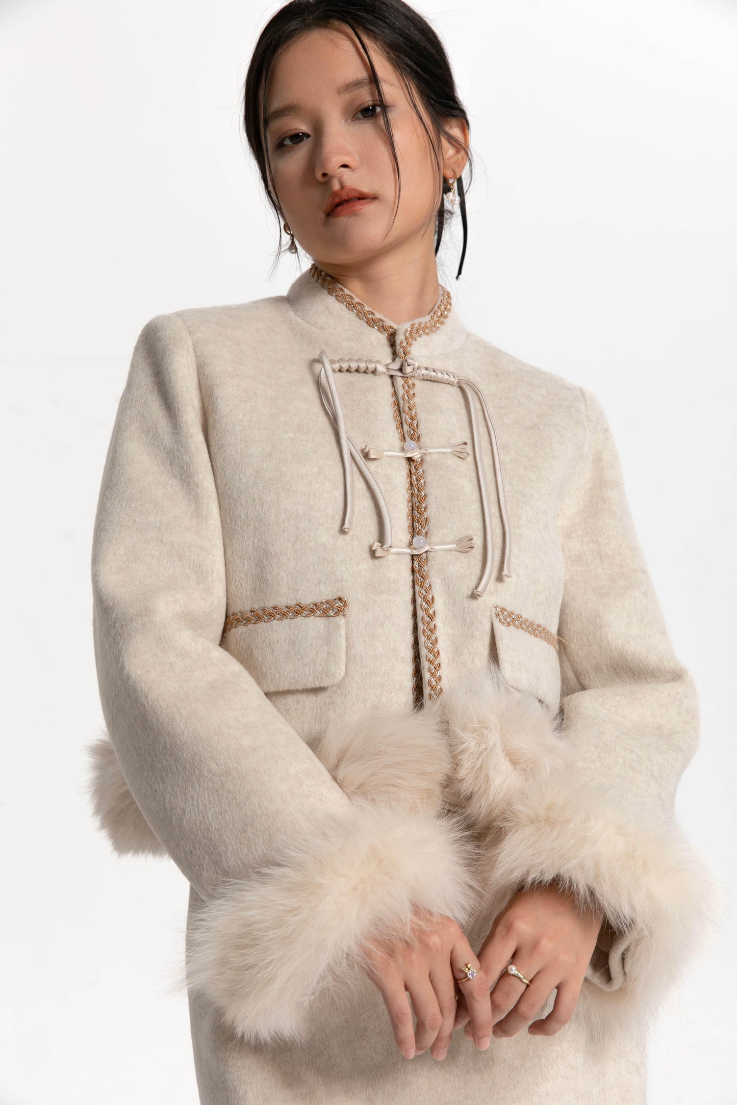 Fur Trimmed Cream Tang Suit - Kate Yang