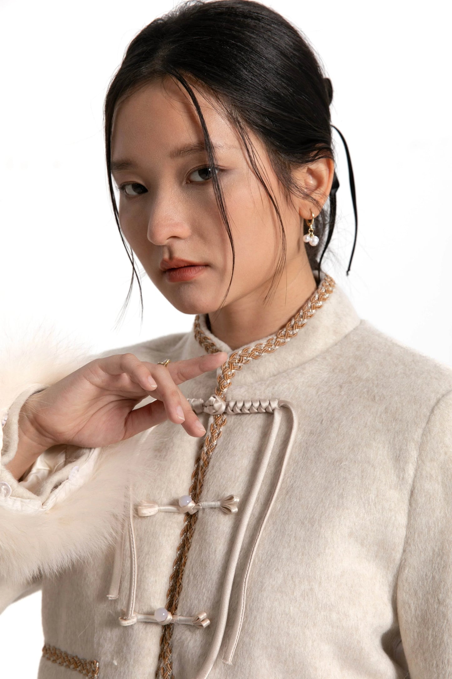 Fur Trimmed Cream Tang Suit - Kate Yang