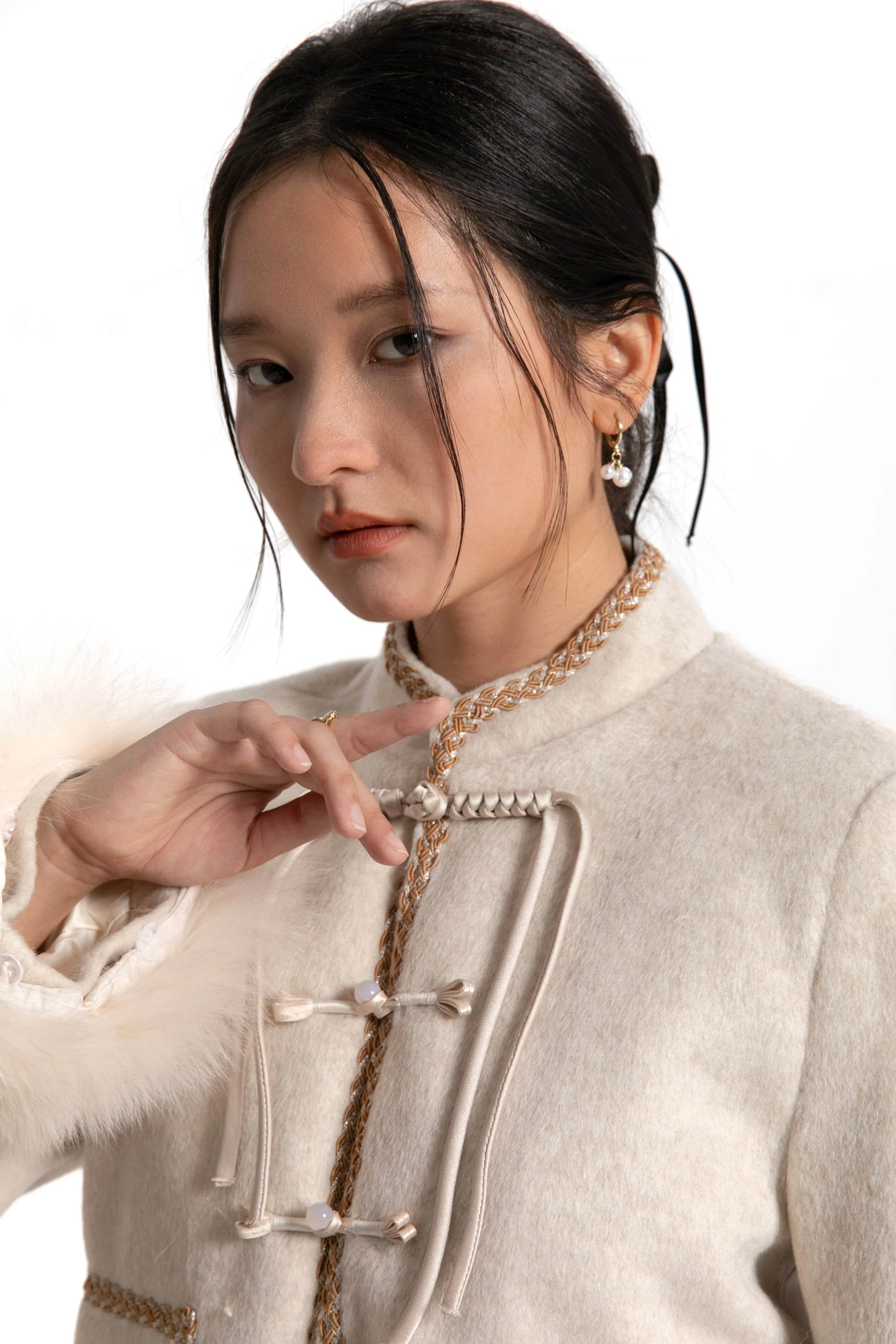 Fur Trimmed Cream Tang Suit - Kate Yang