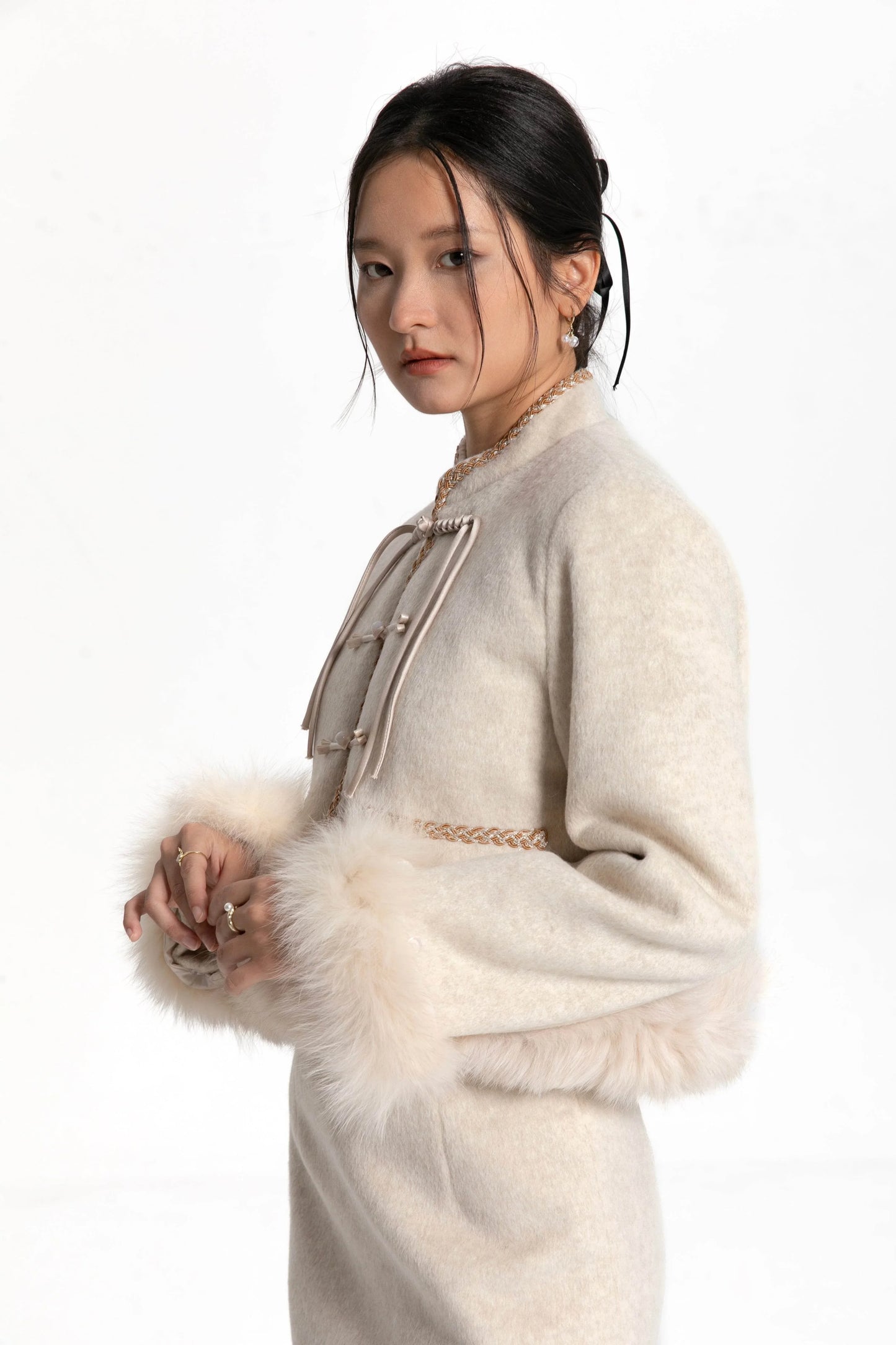 Fur Trimmed Cream Tang Suit - Kate Yang