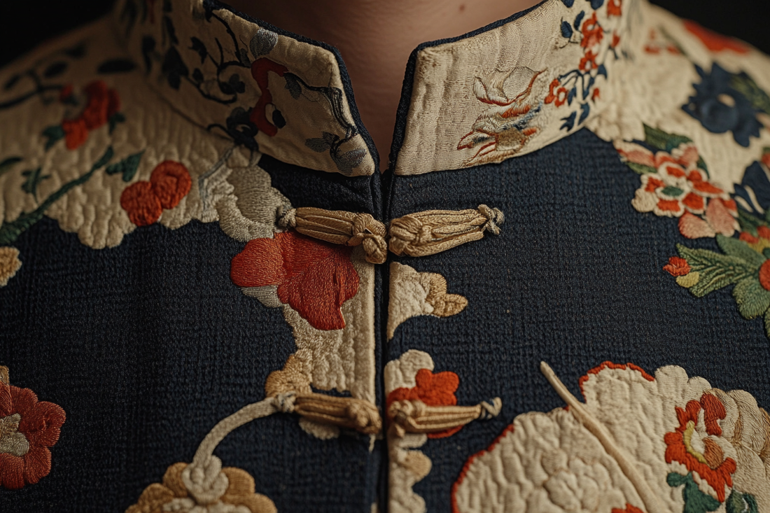 Close up of neck and button details on a Chinese cheongsam (qipao)