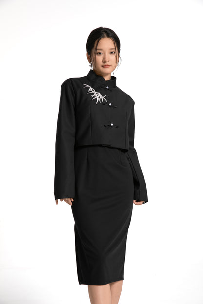 Bamboo Embroidered Cheongsam / Qipao Dress with Matching Jacket