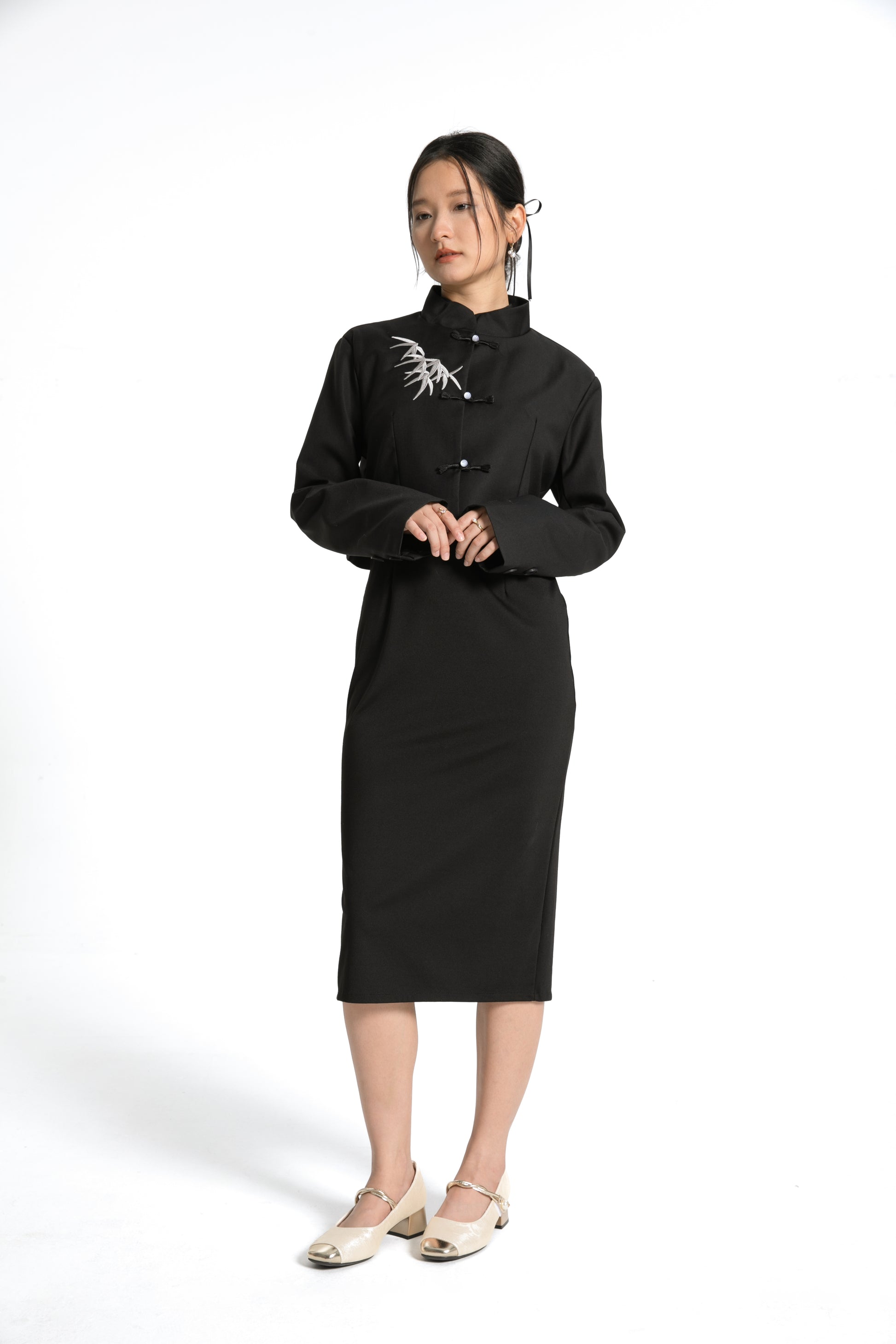 Bamboo Embroidered Cheongsam / Qipao Dress with Matching Jacket