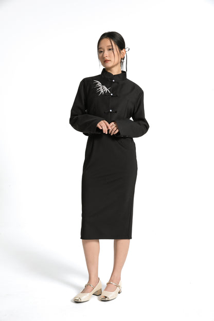 Bamboo Embroidered Cheongsam / Qipao Dress with Matching Jacket