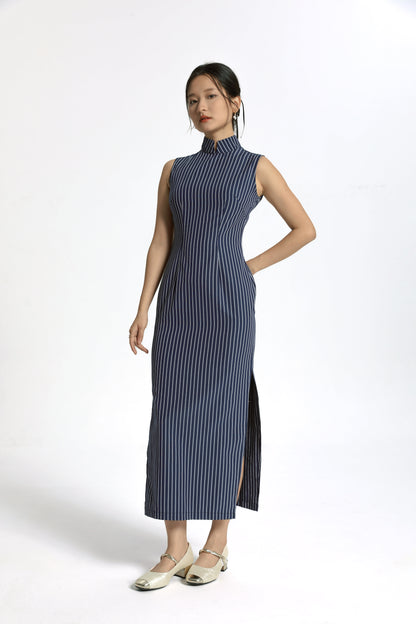 Blue Striped Long Cheongsam / Qipao Dress