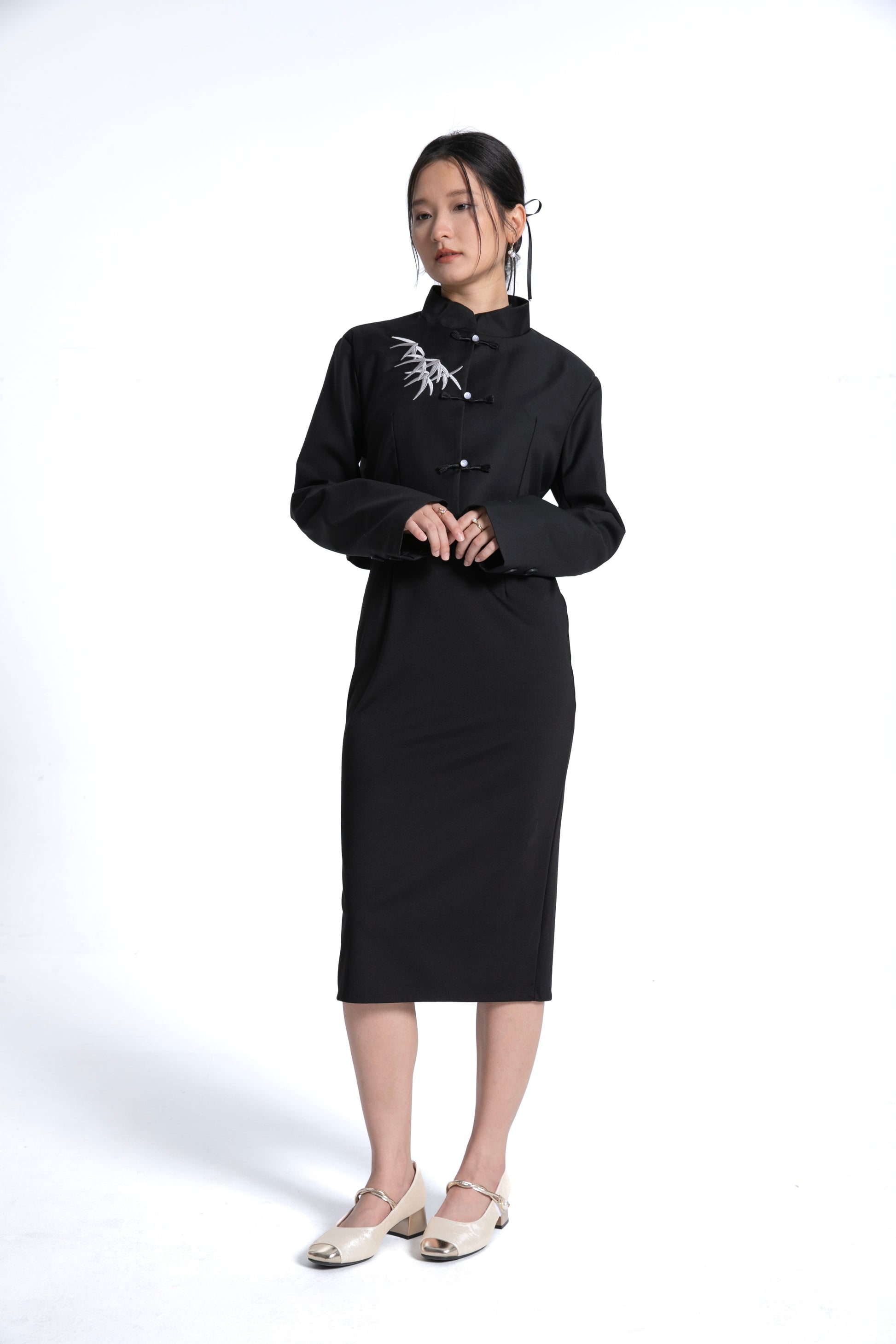 Bamboo Embroidered Cheongsam / Qipao Dress with Matching Jacket