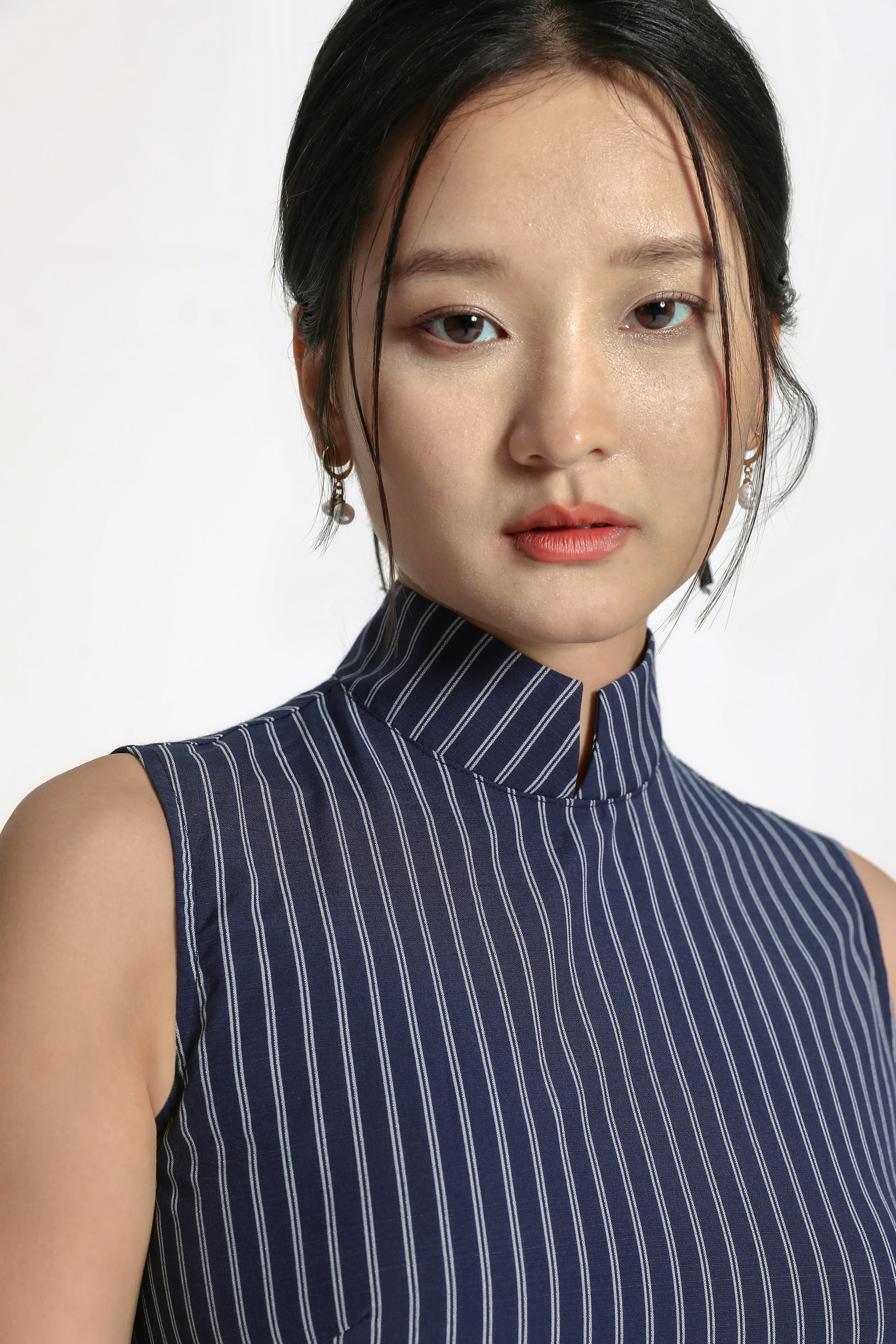 Blue Striped Long Cheongsam / Qipao Dress
