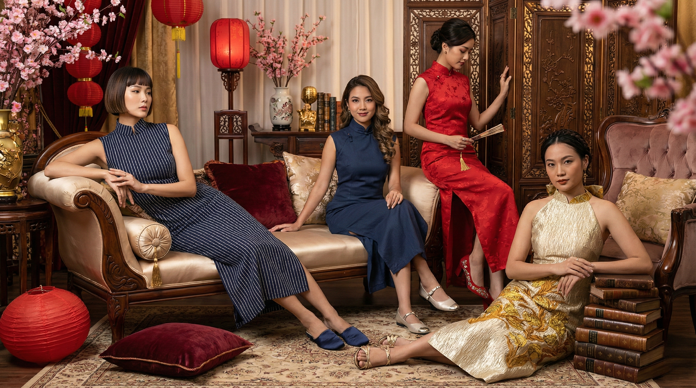 Four women in elegant dresses sitting on a couch in a decorated room with red lanterns and floral arrangements.
