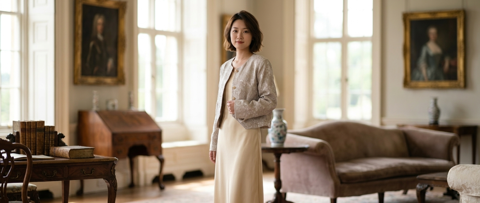 A woman stands in a large, sunlit room with tall windows, framed portraits, a sofa, and wooden furniture. She is wearing a light beige long dress with a textured, slightly sheer cardigan layered over it.