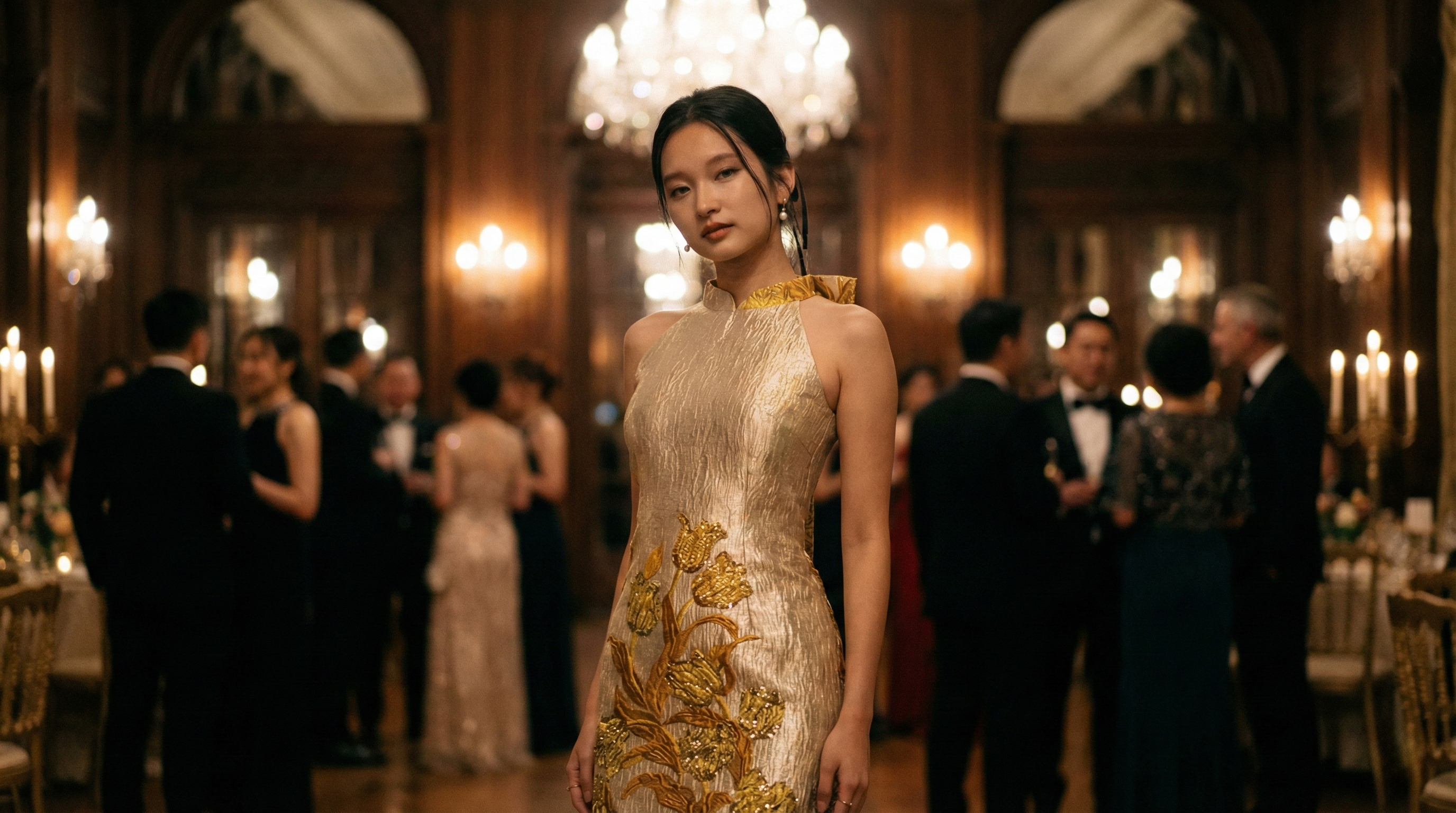 Woman in a formal dress at a glamorous event with chandeliers and guests in the background