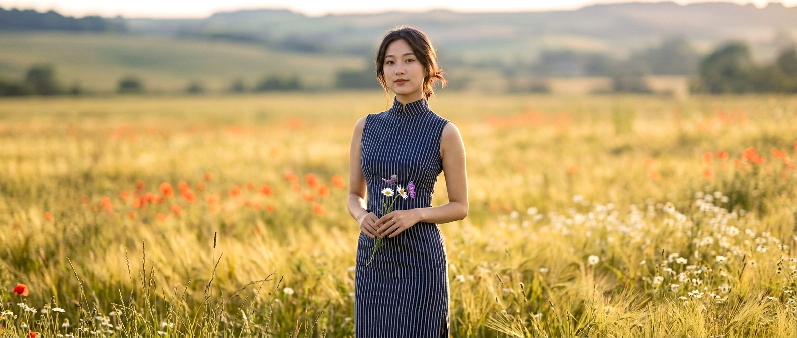 A woman stands in a sunlit field of wildflowers wearing a sleeveless dark blue and white vertically striped high-neck qipao dress, holding a small bouquet of purple and white flowers.