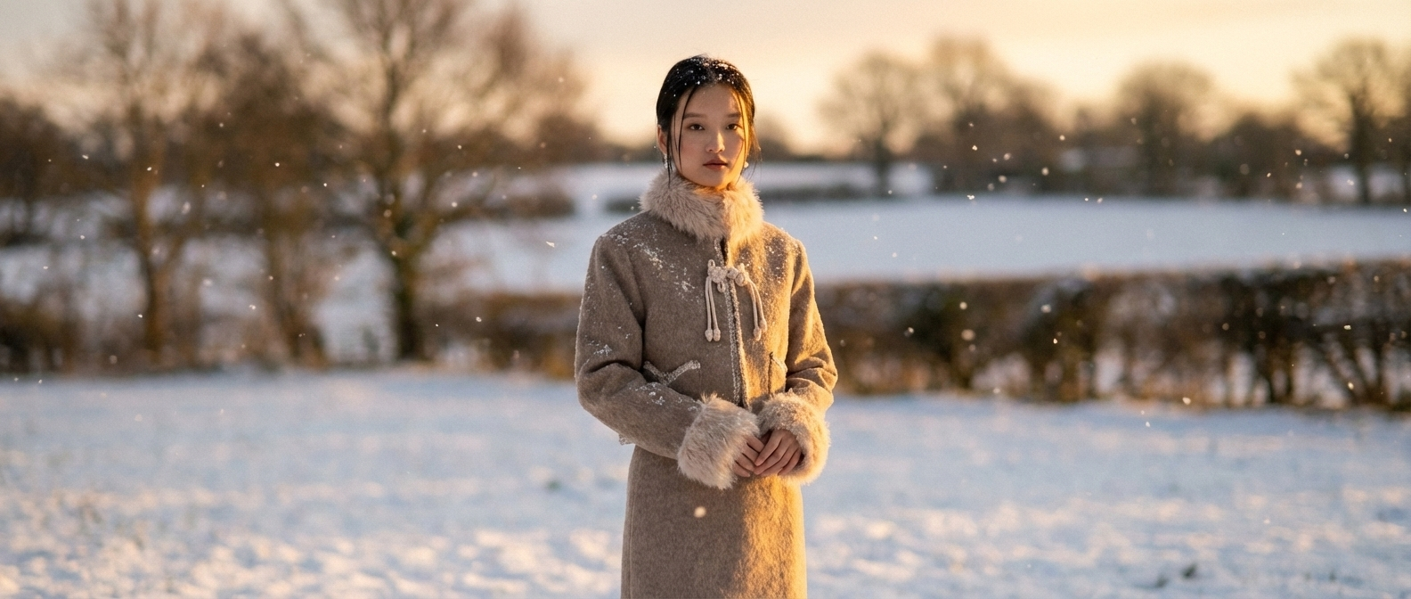 Woman in a long coat standing in a snowy field with a sunset in the background